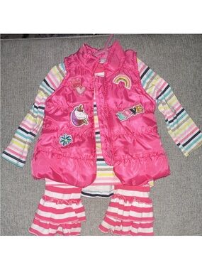 Nannette Pink Puffer Vest Set with Striped Top and Ruffle Pants